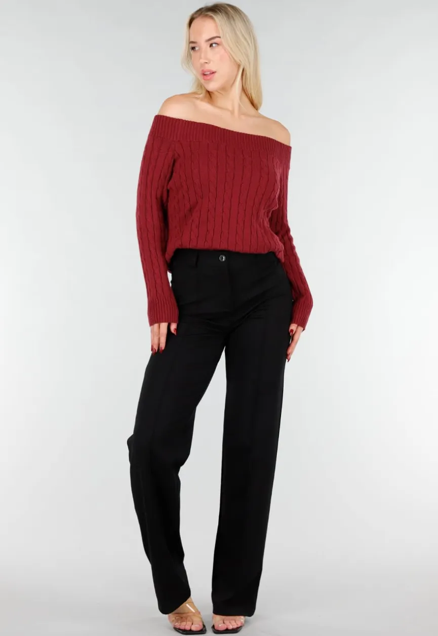 Donkerroze Off Shoulder Trui met Kabelpatroon en Brede Halsrand