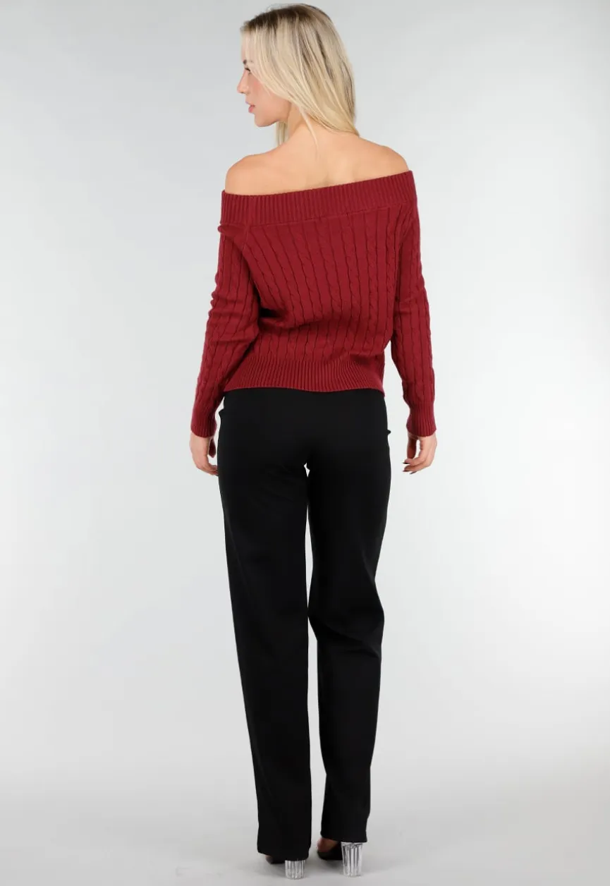 Donkerroze Off Shoulder Trui met Kabelpatroon en Brede Halsrand
