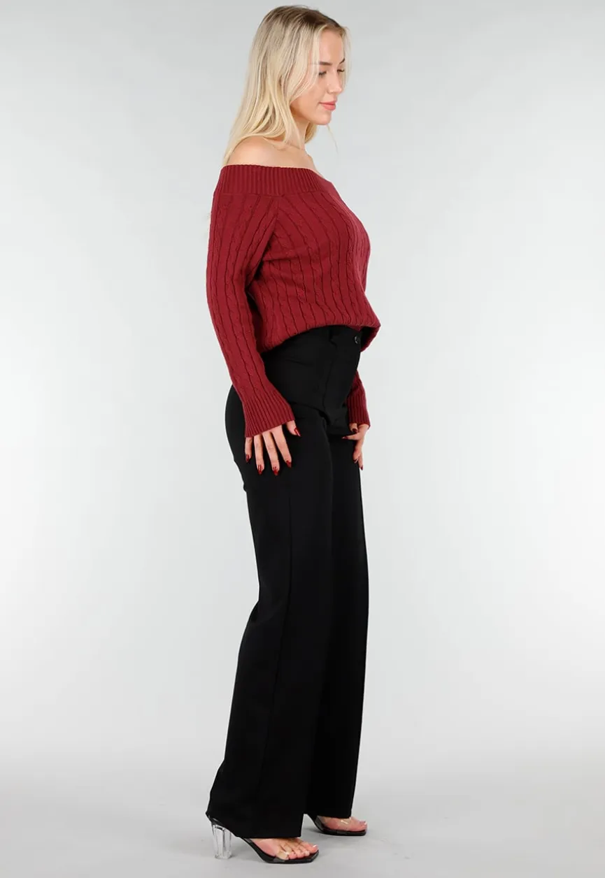 Donkerroze Off Shoulder Trui met Kabelpatroon en Brede Halsrand
