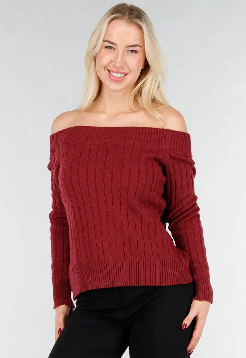 Donkerroze Off Shoulder Trui met Kabelpatroon en Brede Halsrand