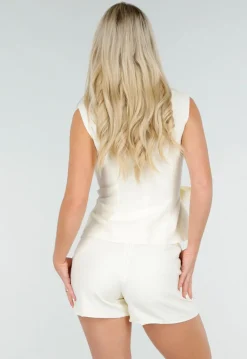 Ecru Linnenlook Gilet Top met Overslag en Striksluiting
