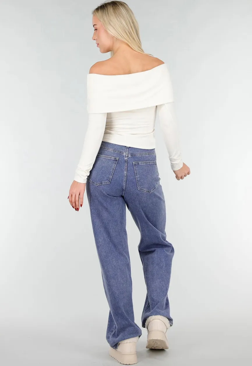 Ecru Off Shoulder Top met Lange Mouw