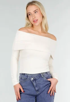 Ecru Off Shoulder Top met Lange Mouw