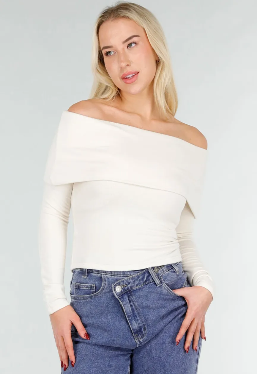 Ecru Off Shoulder Top met Lange Mouw