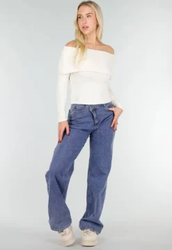 Ecru Off Shoulder Top met Lange Mouw