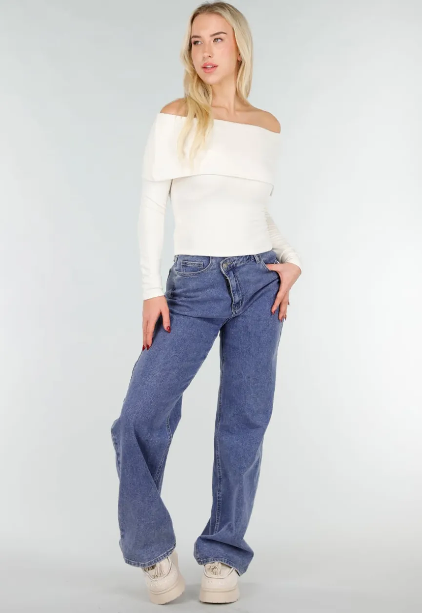 Ecru Off Shoulder Top met Lange Mouw