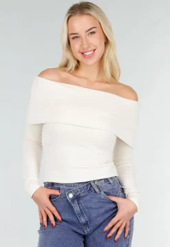 Ecru Off Shoulder Top met Lange Mouw