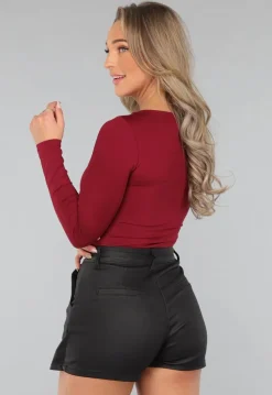 Elastische Burgundy Top met Lange Mouwen