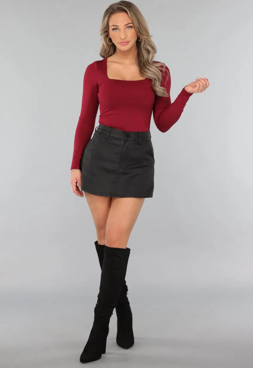 Elastische Burgundy Top met Lange Mouwen