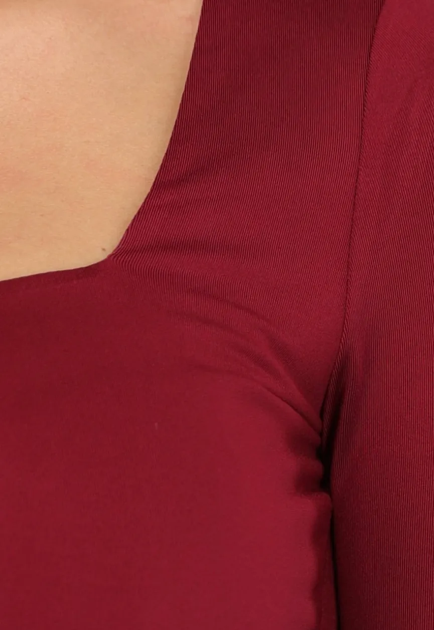 Elastische Burgundy Top met Lange Mouwen