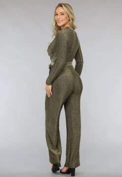Elastische Gouden Glitter Jumpsuit met Wijde Pijpen
