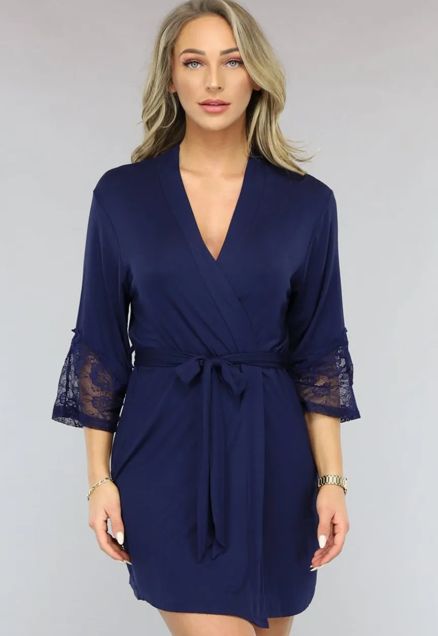 Elastische Navy Kimono met Kanten Rug