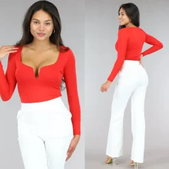 Elastische Rode Bodysuit met Diepe V-Hals