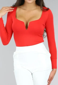 Elastische Rode Bodysuit met Diepe V-Hals