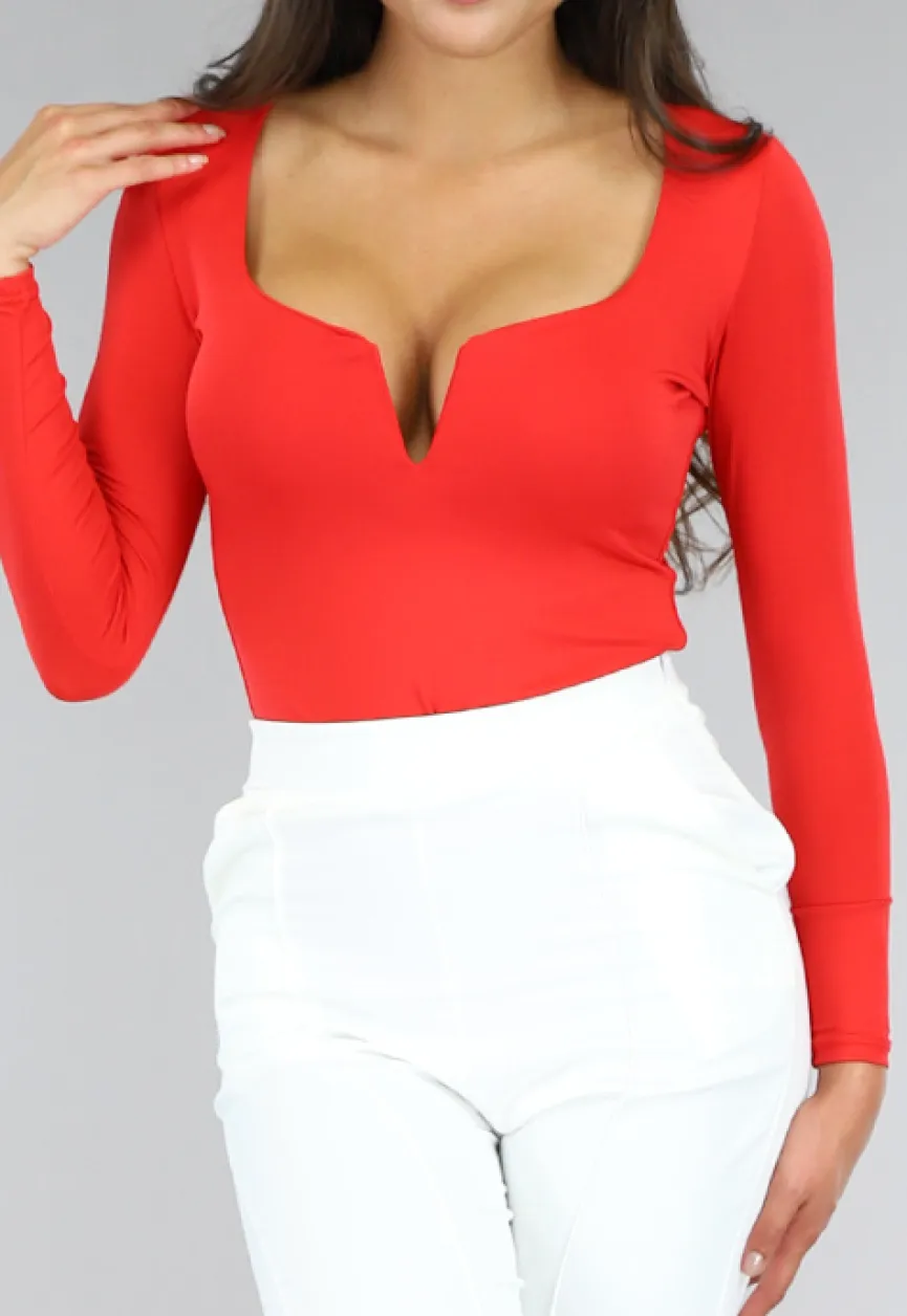 Elastische Rode Bodysuit met Diepe V-Hals