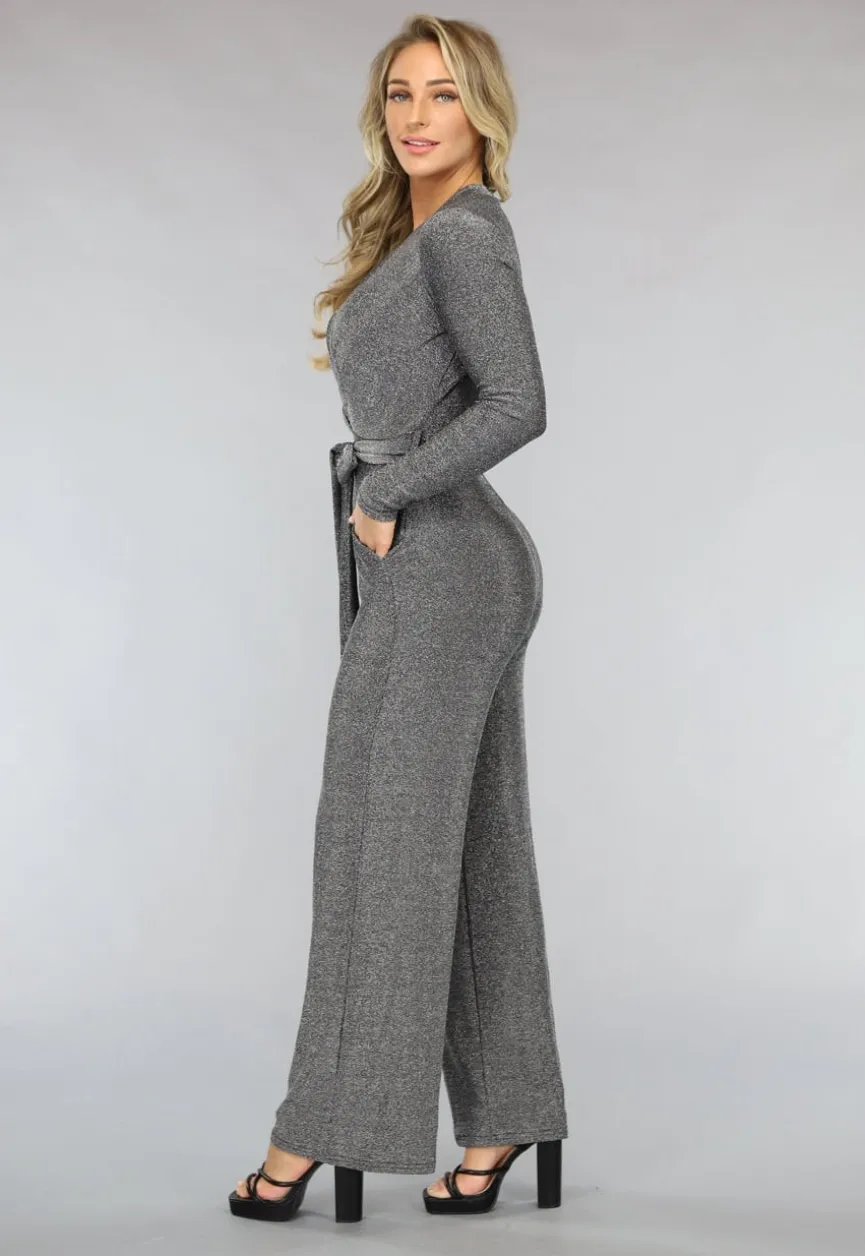 Elastische Zilveren Glitter Jumpsuit met Wijde Pijpen