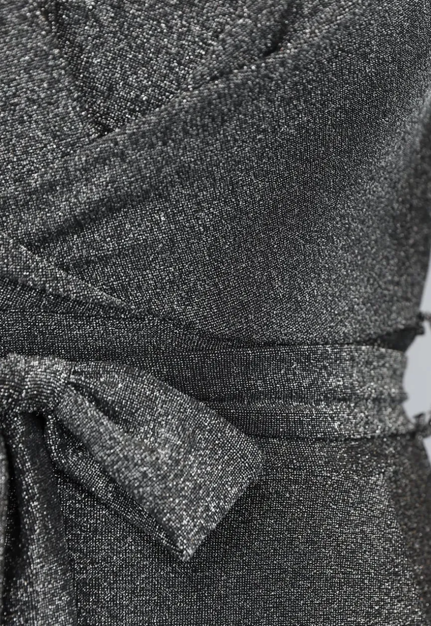 Elastische Zilveren Glitter Jumpsuit met Wijde Pijpen