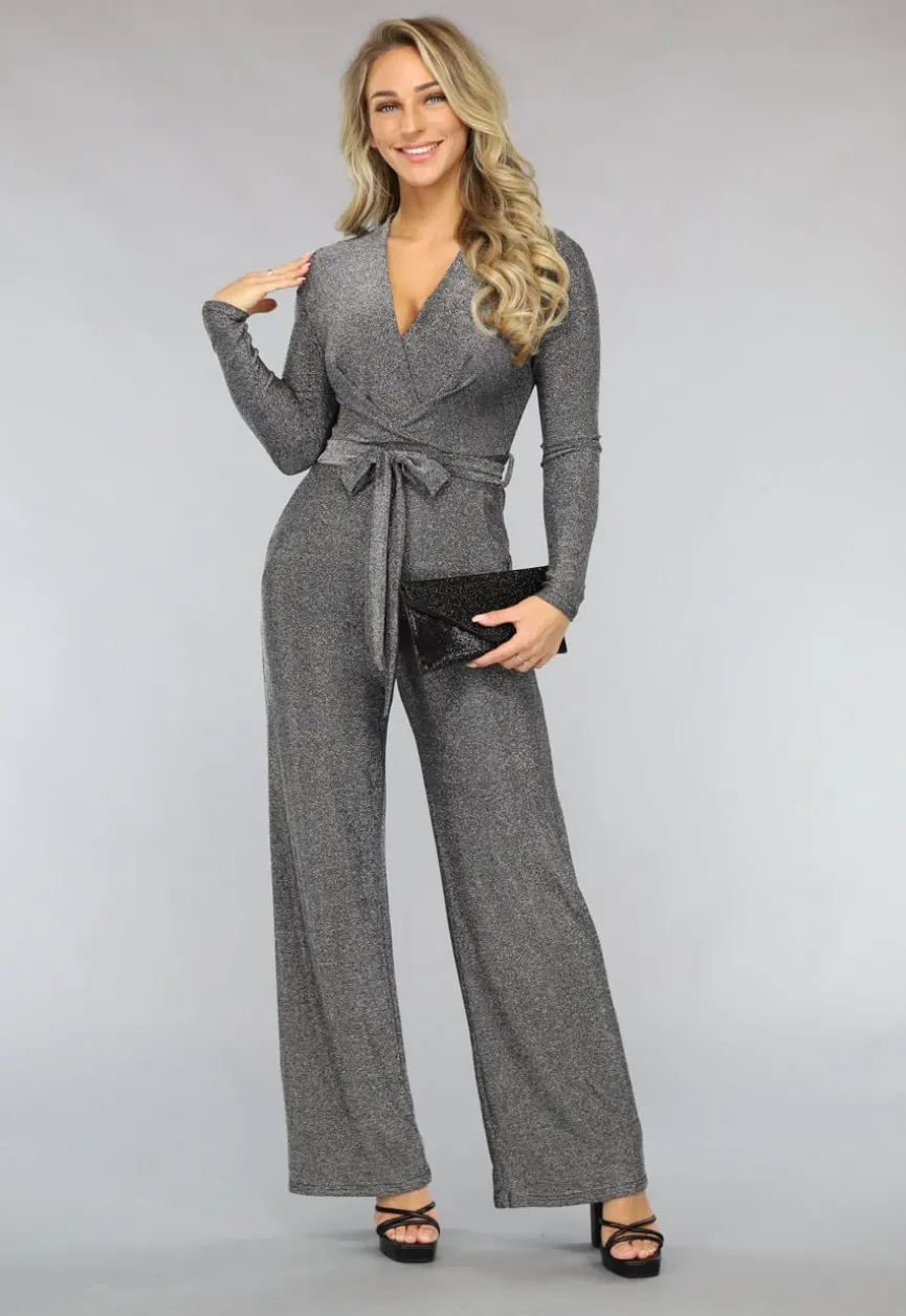 Elastische Zilveren Glitter Jumpsuit met Wijde Pijpen