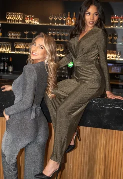 Elastische Zilveren Glitter Jumpsuit met Wijde Pijpen