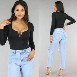 Elastische Zwarte Bodysuit met Diepe V-Hals