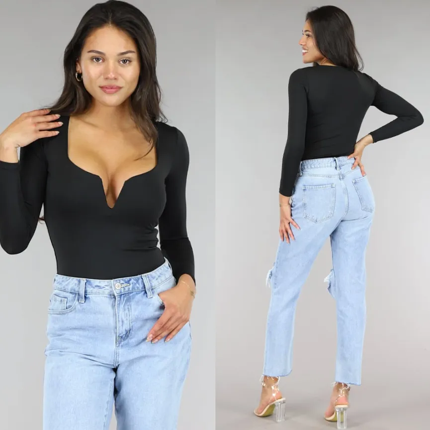 Elastische Zwarte Bodysuit met Diepe V-Hals