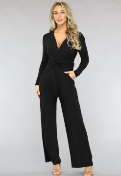 Elastische Zwarte Glitter Jumpsuit met Wijde Pijpen