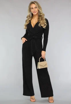 Elastische Zwarte Glitter Jumpsuit met Wijde Pijpen