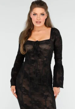 Elegante Zwarte Jurk met Fishtail Effect van Kant met Uitlopende Mouwen