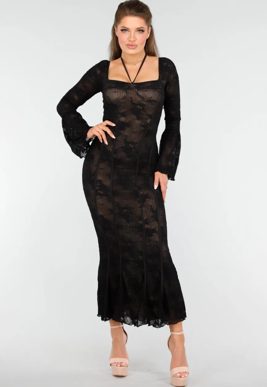 Elegante Zwarte Jurk met Fishtail Effect van Kant met Uitlopende Mouwen