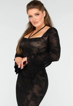 Elegante Zwarte Jurk met Fishtail Effect van Kant met Uitlopende Mouwen