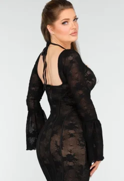 Elegante Zwarte Jurk met Fishtail Effect van Kant met Uitlopende Mouwen