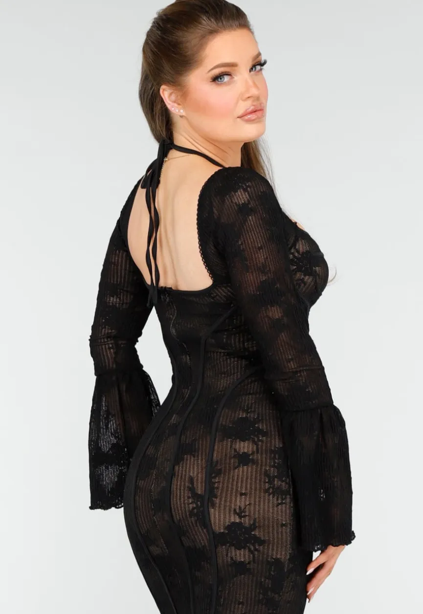Elegante Zwarte Jurk met Fishtail Effect van Kant met Uitlopende Mouwen
