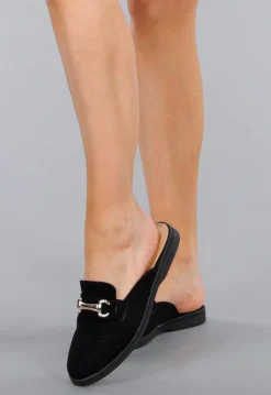 Elegante Zwarte Suède Loafers met Gouden Schakel En Puntneus