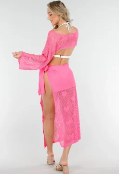 Felroze Gehaakte Cover-Up Set met Hartjespatroon en Bolero