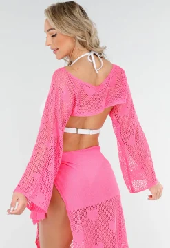 Felroze Gehaakte Cover-Up Set met Hartjespatroon en Bolero