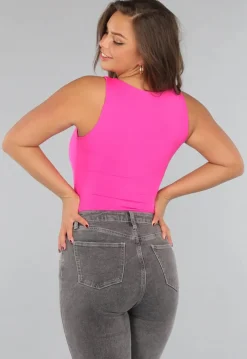 Fel Roze Mouwloze Body met Vierkante Hals