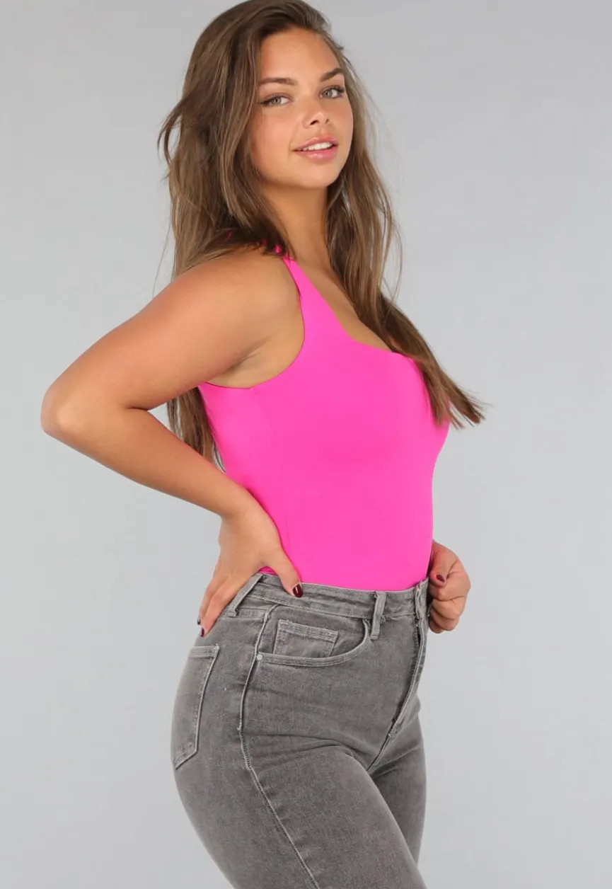 Fel Roze Mouwloze Body met Vierkante Hals
