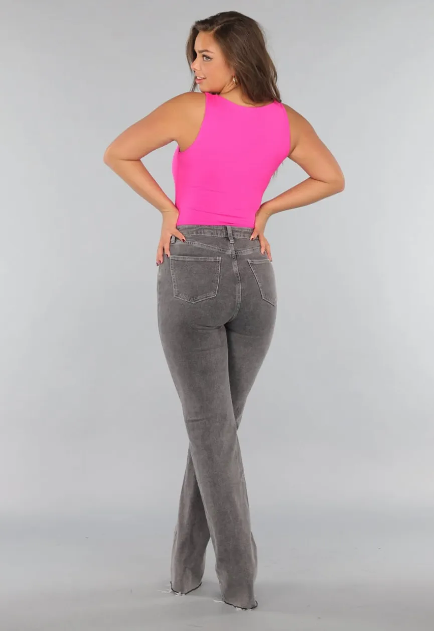 Fel Roze Mouwloze Body met Vierkante Hals