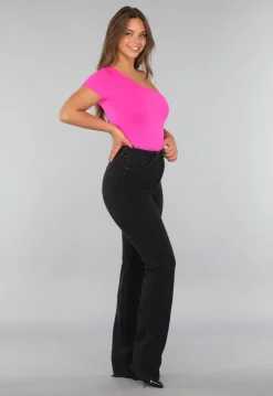 Fel Roze One Shoulder Bodysuit met Korte Mouw