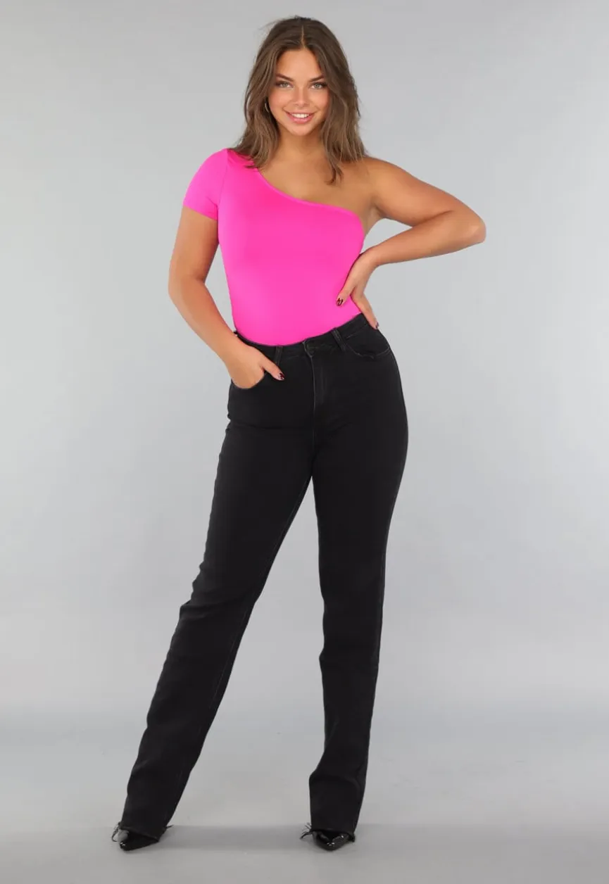 Fel Roze One Shoulder Bodysuit met Korte Mouw
