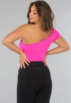 Fel Roze One Shoulder Bodysuit met Korte Mouw