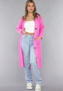 Felroze Oversized Gebreide Cardigan met Gouden Knopen