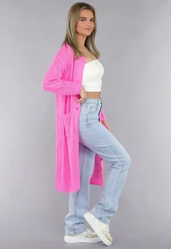 Felroze Oversized Gebreide Cardigan met Gouden Knopen