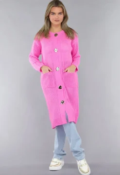 Felroze Oversized Gebreide Cardigan met Gouden Knopen