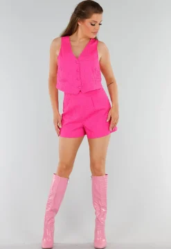 felroze Set met Gilet Top, Korte Broek en Golftextuur