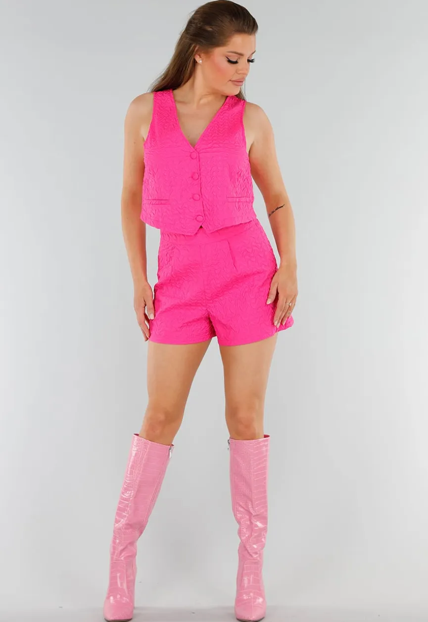 felroze Set met Gilet Top, Korte Broek en Golftextuur