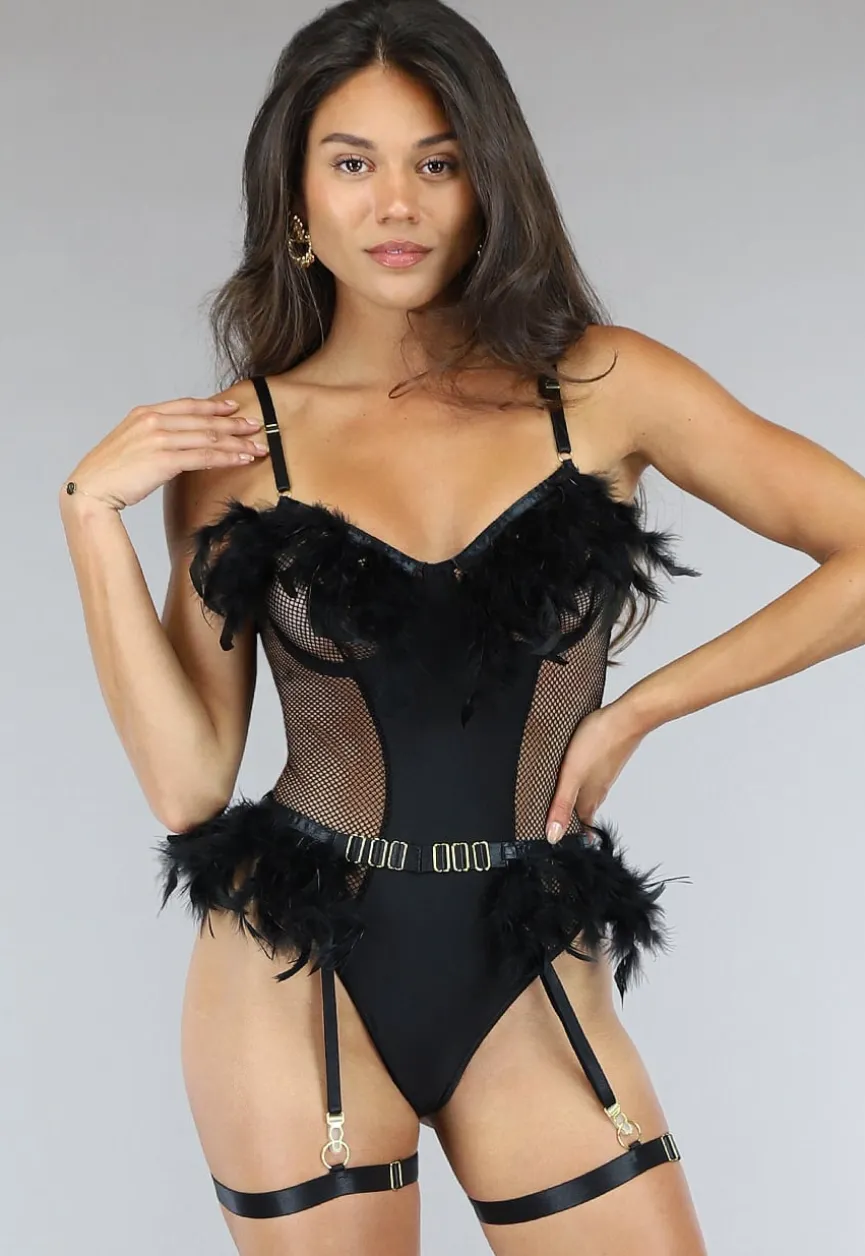 Fishnet Lingerie Set met Veren