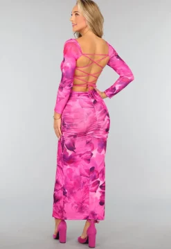 Fuchsia Bloemen Jurk met Open Rug