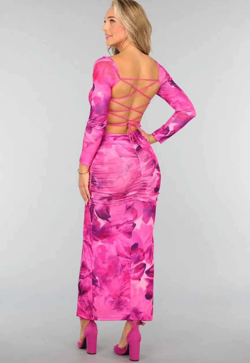 Fuchsia Bloemen Jurk met Open Rug