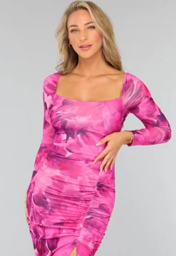 Fuchsia Bloemen Jurk met Open Rug